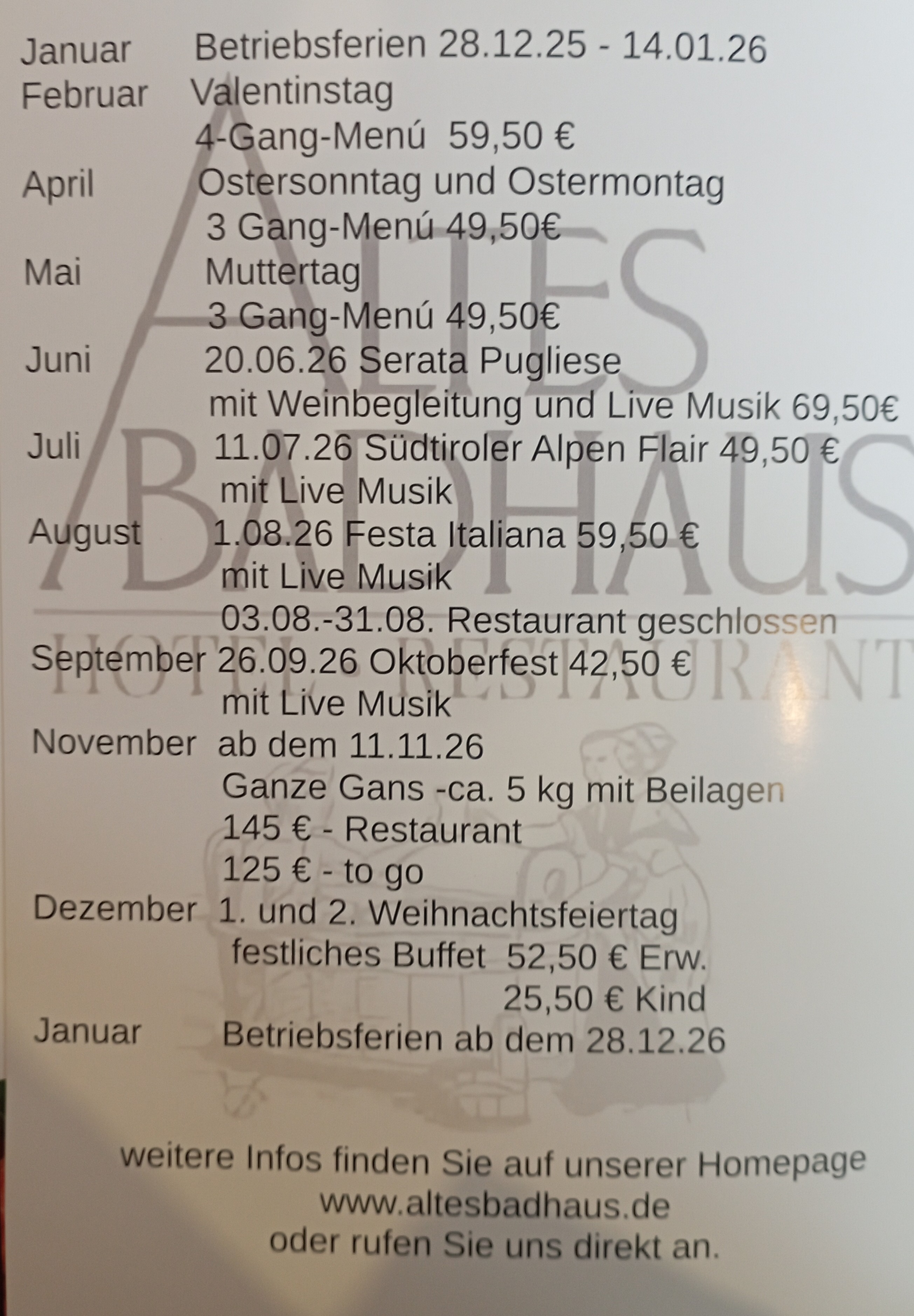 Themenabend-Angebot auf einen Blick:  - Vielfältige Themen über das Jahr verteilt – regional, saisonal oder international. Für jeden Geschmack ist etwas dabei. - Musikalische Untermalung mit Tanzmusik – schafft die perfekte Atmosphäre für einen entspannten und genussvollen Abend. - Köstliche Speisen – das Herzstück jedes gelungenen Abends. - Gemütliches Ambiente – ideal für einen schönen Abend mit Freunden oder der Familie.  Wichtig: Teilnahme nur mit vorheriger Reservierung. Telefon: 06271-9456406